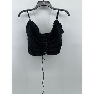 SHEIN Women's Black Ruffle-Trim Spaghetti Strap Cropped Lace-Up Top SZ 4
